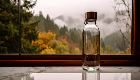 Reusable glass water bottle with bamboo cap placed on white marble surface, minimalist eco friendly zero waste concept, no humans, no text.の素材