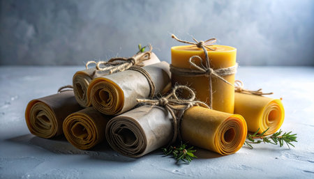 Rolled beeswax wraps tied neatly with natural jute string on white textured background, minimalist zero waste food storage concept, no humans, no text.の素材