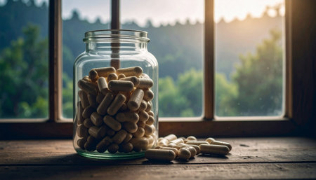 Glass jar filled with beige vegan capsules placed on rustic wooden surface, minimalist health and wellness supplement concept, no humans, no text.の素材