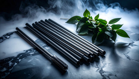 Set of metal reusable straws with cleaning brush arranged on white marble surface, minimalist eco friendly zero waste concept, no humans, no text.の素材