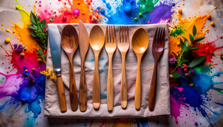 Flat lay of reusable bamboo cutlery set arranged neatly on beige linen napkin, minimalist zero waste composition, natural soft lighting, no humans, no text.の素材