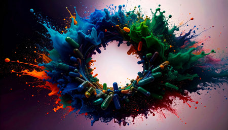 Green spirulina vegan capsules arranged in perfect circle pattern on white background, minimalist supplement composition, no humans, no text.の素材