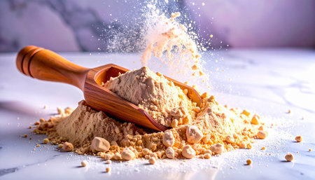Wooden scoop filled with vegan protein powder placed on white marble background, minimalist clean nutrition concept, no humans, no text.の素材