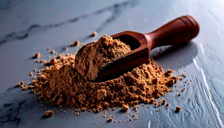 Wooden scoop filled with vegan protein powder placed on white marble background, minimalist clean nutrition concept, no humans, no text.の素材