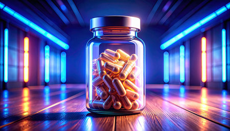 Glass jar filled with beige vegan capsules placed on rustic wooden surface, minimalist health and wellness supplement concept, no humans, no text.の素材