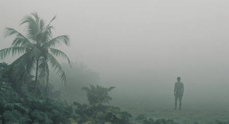 ultra-minimal cinematic background, soft desaturated color palette, a single palm tree silhouette on the side,  natural twilight lighting film still aesthetic, wall background, space for headline textの素材