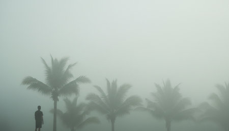 ultra-minimal cinematic background, soft desaturated color palette, a single palm tree silhouette on the side,  natural twilight lighting film still aesthetic, wall background, space for headline textの素材