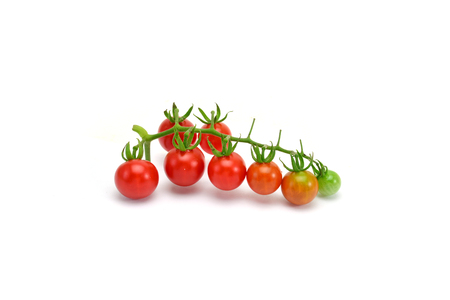 fresh tomatoes with green leaves isolated on white backgroundの写真素材