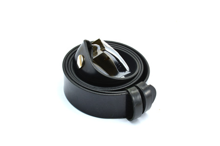 Mens black leather belt over whiteの写真素材