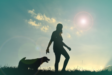 Silhouette women playing with dog at sunsetの写真素材