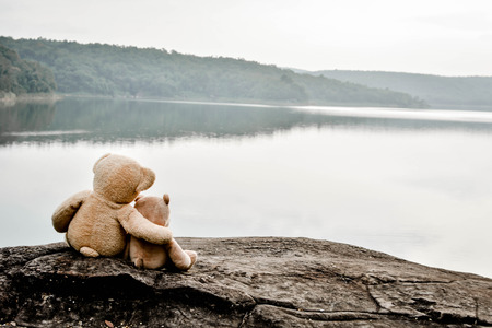 teddy bear in nature on holiday hipster tone selective and soft focusの写真素材