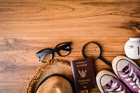 Thai passport with backpack for travel and hat .Concept travelの写真素材