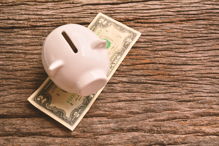 Dollar banknotes and piggy bank on old wood. selective focusの写真素材