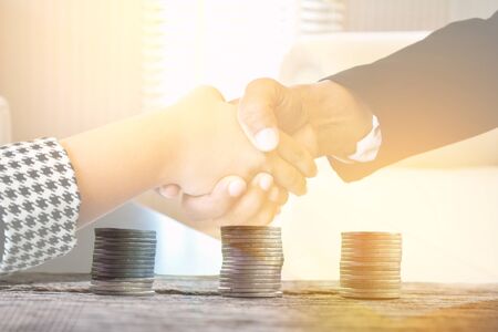 Double exposure of business with money on wood and white background.concept time to workの写真素材