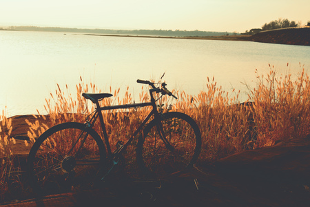 Silhouette of bicycle on grassの写真素材