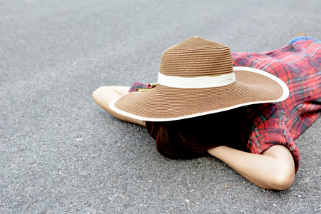 Happy Asian women with nat in nature, Relax time on holiday concept travel , color of vintage tone and soft focusの写真素材