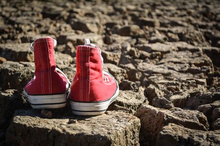 Red sneaker on crack dry ground, concept droughtの写真素材
