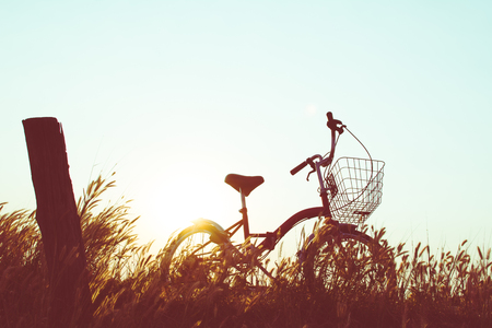Silhouette of bicycle on grass with the sky sunsetの写真素材