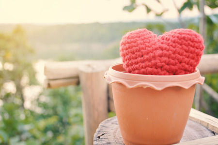 Red heart in pot on nature background color vintage toneの写真素材