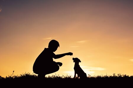 Silhouette boy playing with little dog on the sky sunset color of vintage toneの写真素材