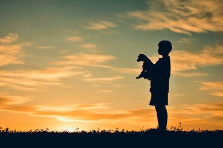Silhouette boy playing with little dog on the sky sunset color of vintage toneの写真素材