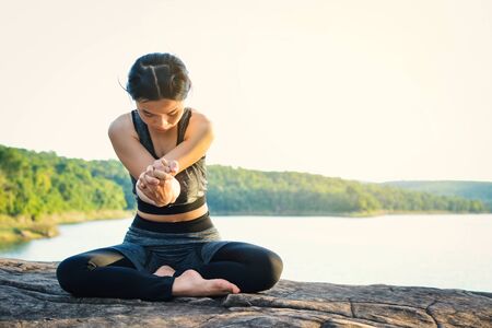 Beautiful women yoga in nature, hipster tone and selective focus