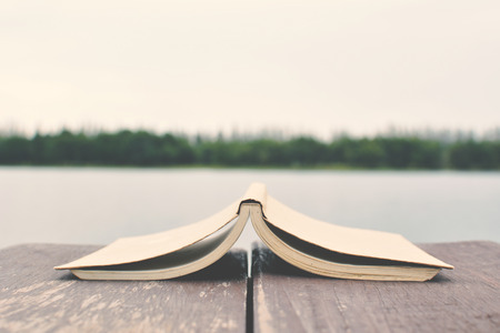 Book on wood in nature backgroundの写真素材