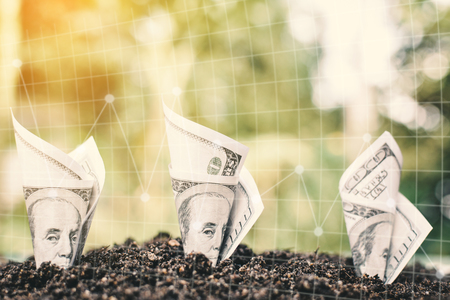 Close up dollar bill with financial chart on soil .Concept economic growth color of vintage styleの写真素材