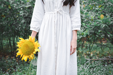 Hipster women hand holding sunflower in forest backgroundの写真素材