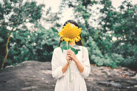 Hipster women hand holding sunflower in forest backgroundの写真素材