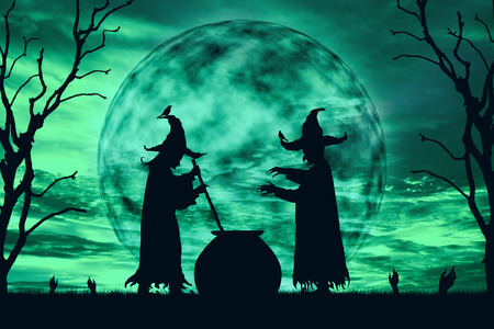 Silhouette of wizards cook poison at moonlight background color vintage style , Halloween conceptの写真素材