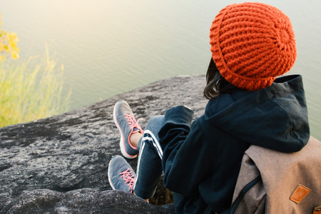Asian girl backpack in nature winter season, Relax time on holiday concept travelの写真素材