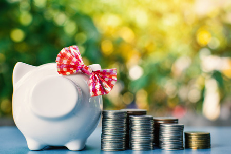 White piggy bank and coins on table tree bokeh background ,concept save money ,selective and soft focusの写真素材