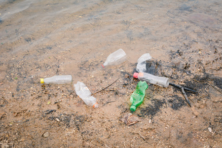 garbage in lake water pollutionの写真素材