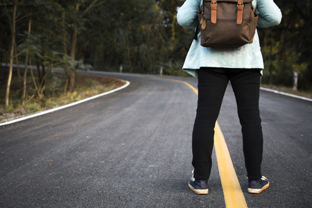 Happy hipster old women backpack traveling relax time and holiday, color vintage style selective and soft focusの写真素材