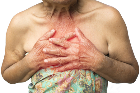 Old woman felt heart ache on white background,Illness of the elderly problem conceptの写真素材