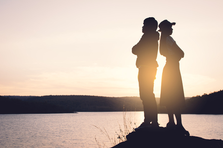 Silhouette of couple at sky sunset in nature, Concept valentine's dayの写真素材