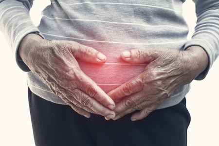Old woman stomachache on white background ,Illness of the elderly problem concept