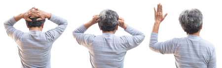 Back of old Asian woman standing on a white background