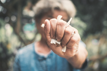 Old hand crushing cigarettes, Stop smoking concept.の写真素材