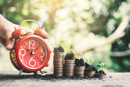 Red alarm clock and coins growing up on table, saving money concept.の写真素材
