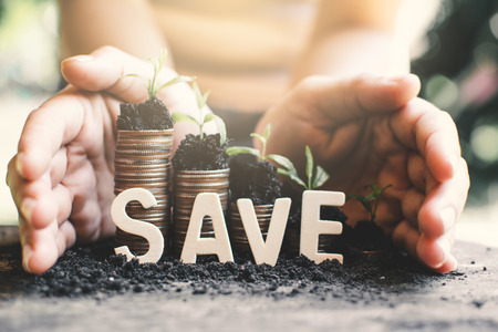 Female hand save money on table in nature background ,Financial growth concept.の写真素材