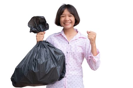Cute Asian girl holding bin bag on the white background.の写真素材