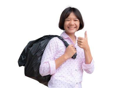Cute Asian girl holding bin bag on the white background.の写真素材