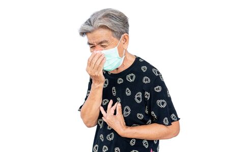 Old woman wearing a mask fear problem covid 19 and air pollution on a white background,stay at home ,healthcare concept,new normal.の写真素材