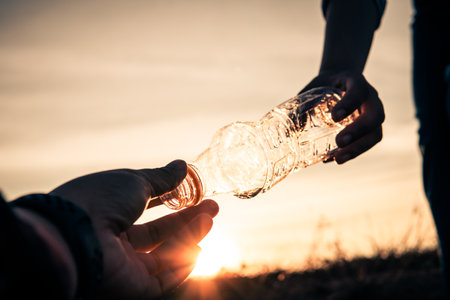 Human hand keeping plastic bottle and garbage in the natureの写真素材