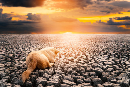 Drought land and dog on crack ground in the lake , crisis of water in the world.の写真素材