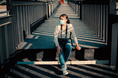 Backpacker travel during the pandemic outbreak, safe and health care, the new normal.の写真素材