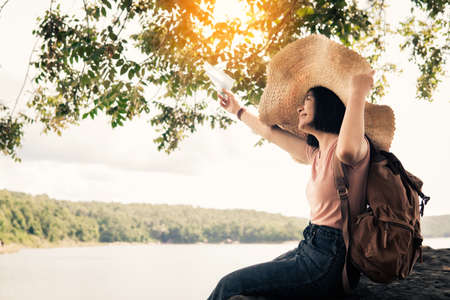 Relaxing woman travel after lockdown, Let 'go on holiday and live our lives.の写真素材