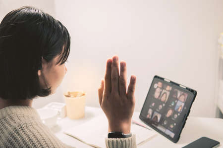 Home school Asian student learning online from lock down epidemic.の写真素材